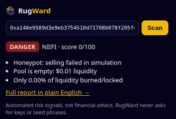 The RugWard extension popup showing a DANGER verdict for a honeypot token
