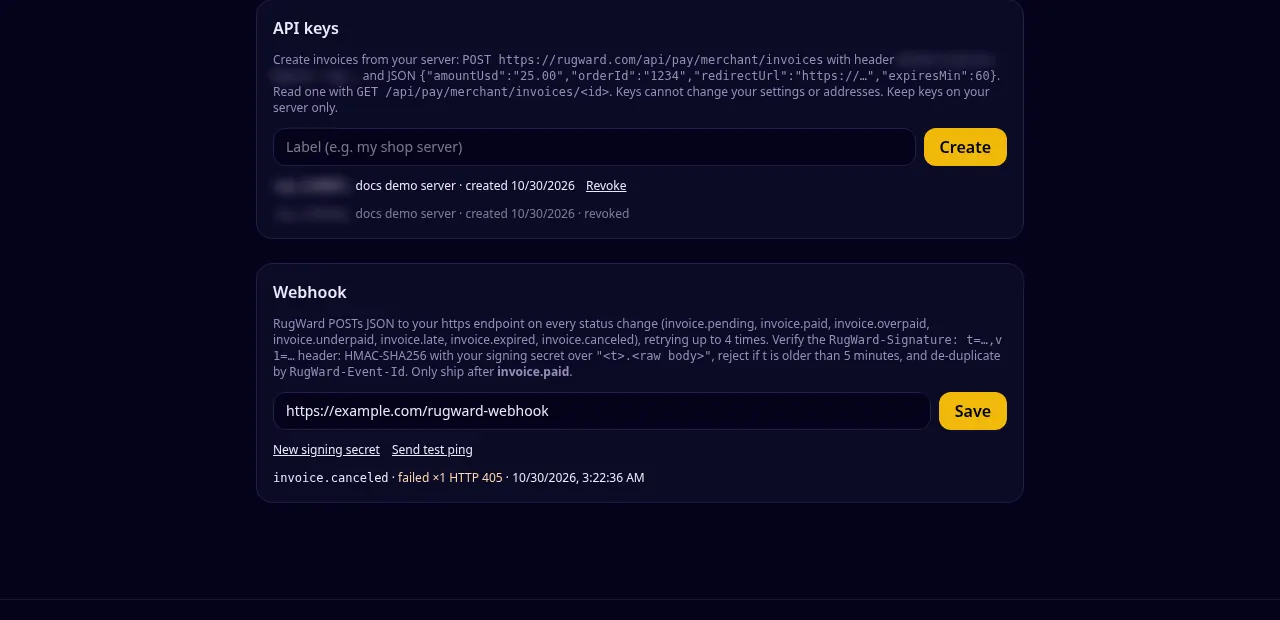 Clés API et webhook dans le tableau de bord