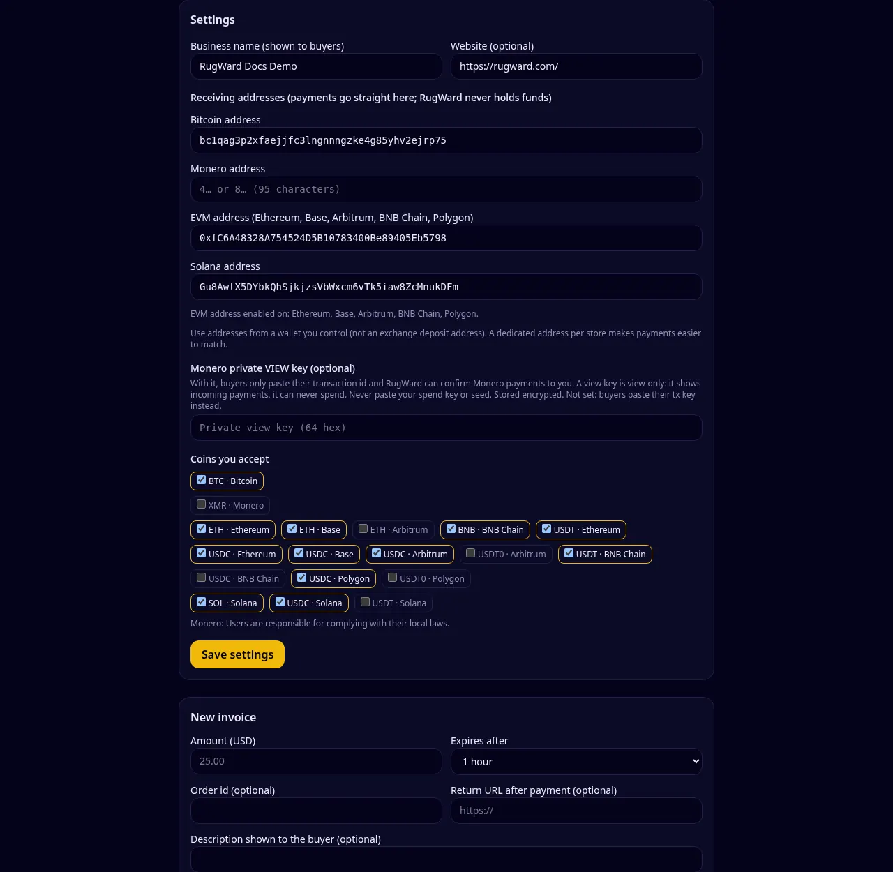 Alım adresleri ve coinlerle Settings